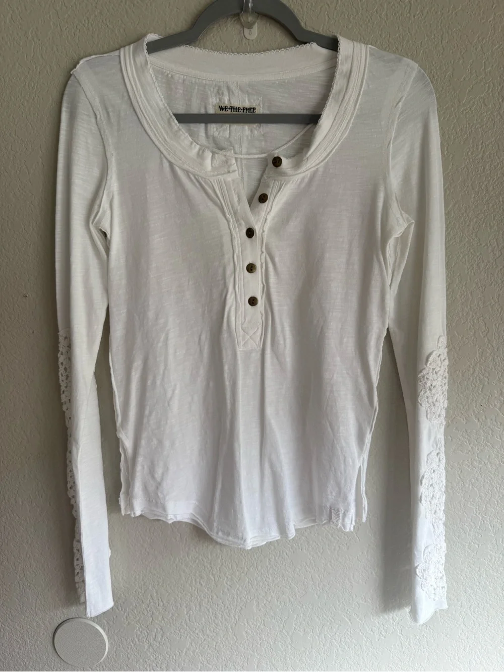 Free People Our Song White Long Sleeve Henley with Lace Elbow Panels NEW